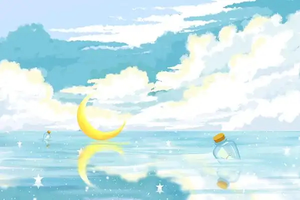 唯美天空插画漂流瓶动漫背景二次元风景绝美蓝天白云唯美插画风景