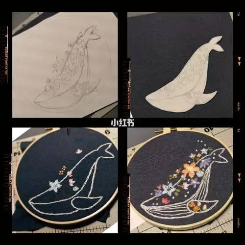 刺绣鲸鱼与花图稿步骤
