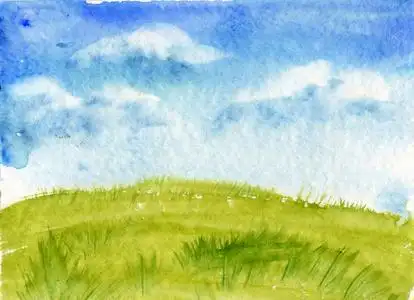 手绘卡通草地蓝天风景图片