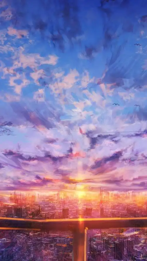 夕阳下唯美城市动漫场景