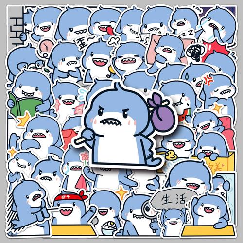 100张胖胖鲨贴纸可爱卡通表情包呆萌小鲨鱼手绘图案装饰贴画吉他冰箱