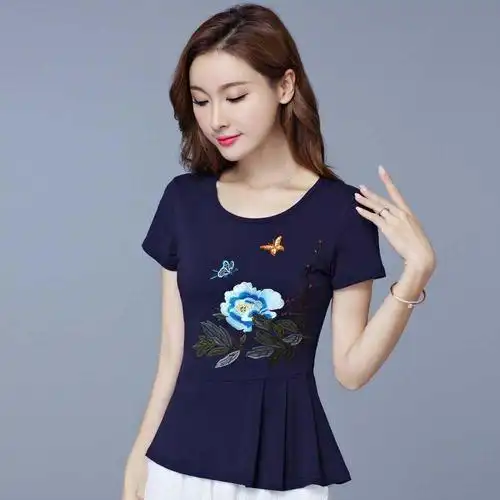 高档日本网红民族风女装春夏新款绣花上衣棉短袖t恤女修身大码中