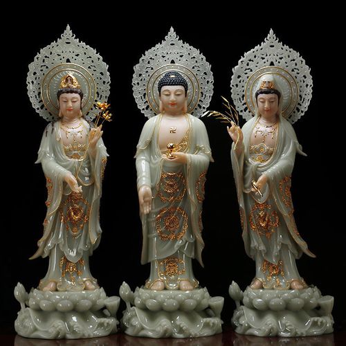 佛堂西方三圣摆件汉白玉石观音佛像供奉站像摆件