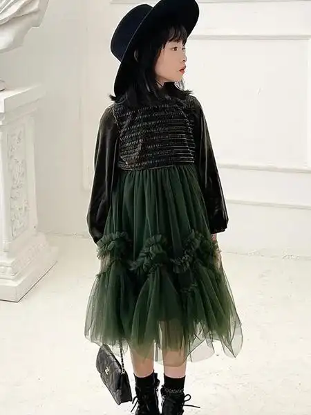 咪哒mida童装品牌2021秋季拼接条纹刺绣纱纱连衣裙