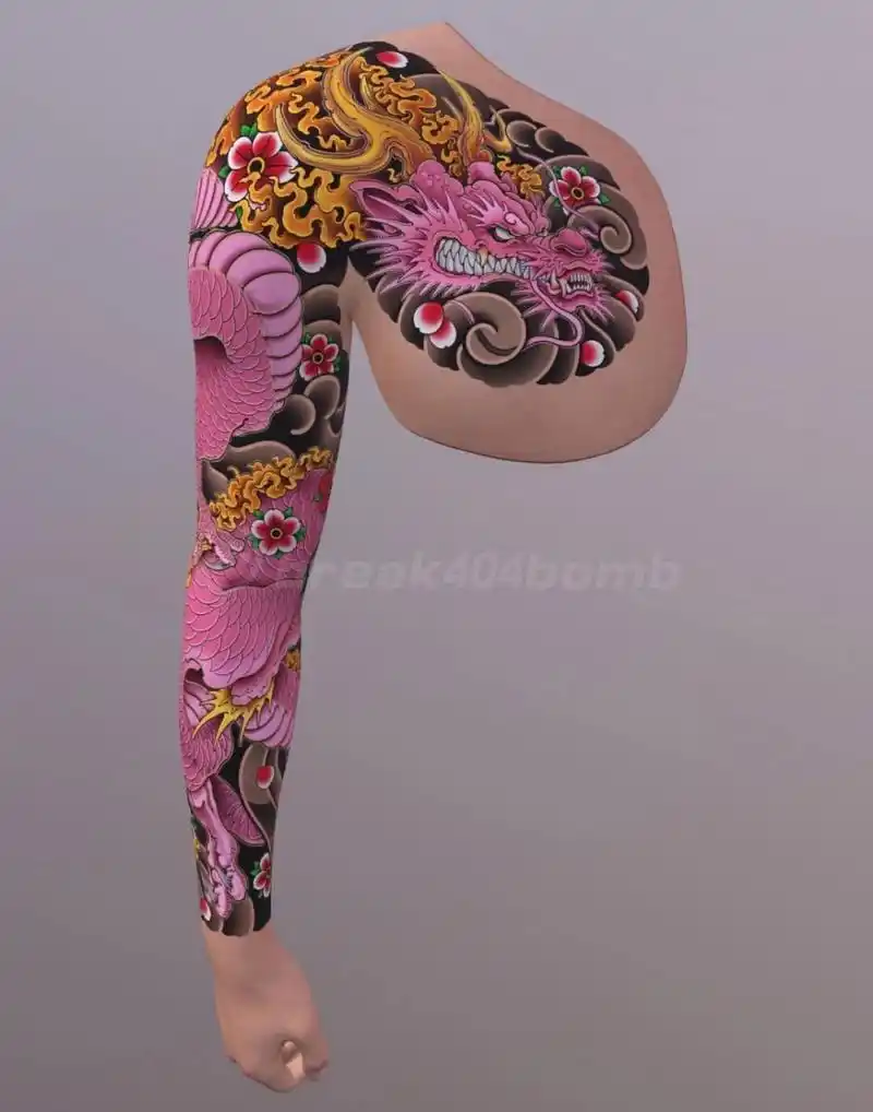 龙花臂半胛纹身手稿|彩色老传统花臂 喜欢日式传统的朋友最佳选择,龙