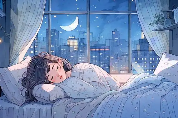 人物夜晚一个女人睡在床上卡通ai插画