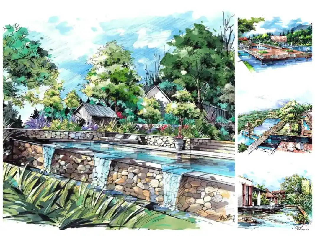 景观考研马克笔手绘效果图滨水景观分享套题图可用