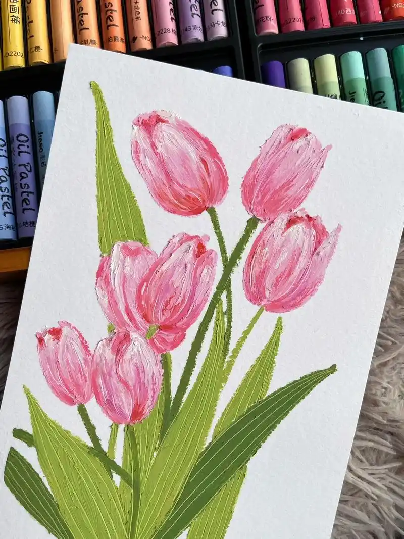 油画棒」93粉色郁金香 | 是甜甜的春天.粉色郁金香 图文步 - 抖音
