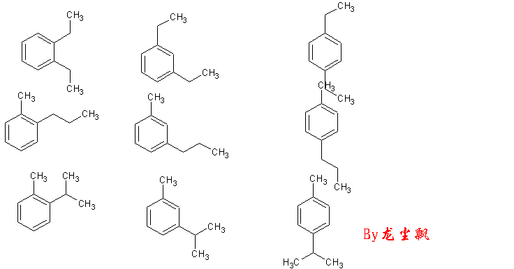 第一行是二乙苯类,第二行甲基正丙苯类,第三行是甲基异丙苯,每一类都
