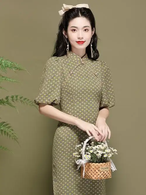 深圳精品改良旗袍中国风灯笼袖气质年轻款雪纺连衣裙女夏季220290