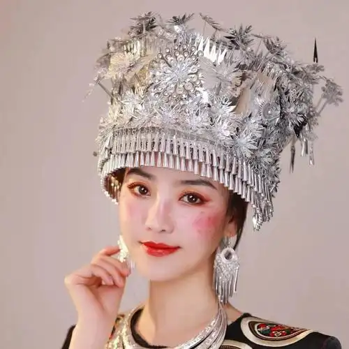 新款少数民族银饰帽子苗族头饰贵州广西云南苗族特色帽子民族头饰