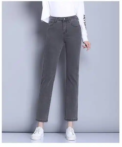 恒源祥黑色高腰直筒牛仔裤加绒50岁中年妈妈女士女式裤子弹力显瘦秋