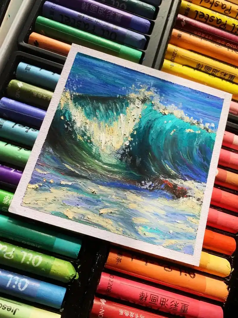 油画棒22|海浪.#油画棒教程 #零基础学画画 #每日一画  - 抖音