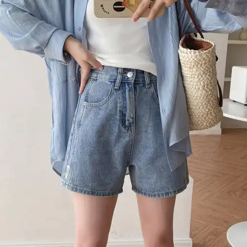 夏季洋气侧前缝小标牛仔短裤后松紧高腰宽松a字阔腿裤外穿热裤女