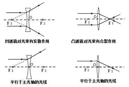 (3) 凸透镜要点: 平行于主光轴的光线在对面会聚于焦点后继续传播