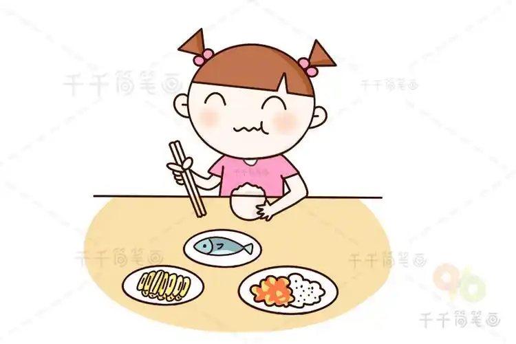 第六步:涂上漂亮的颜色,小女孩吃饭简笔画就完成了.