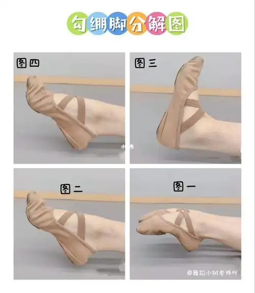 在绷脚的基础上保持脚背绷脚状态,将脚尖回勾(图二)③勾全脚:在勾脚趾