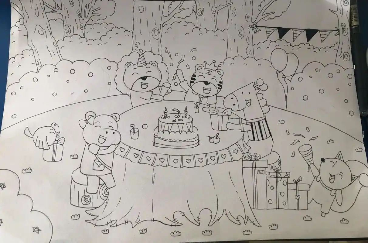 动物生日聚会简笔画 太密了 只画了线稿 懒得上色了