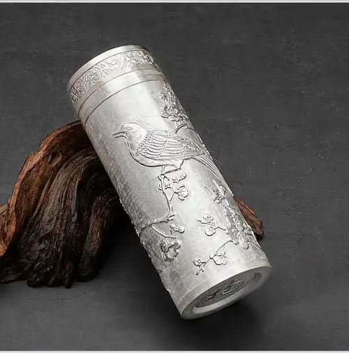纯银杯子足银s999保温杯云南雪花银水杯茶杯内外银手工银器银礼品松鹤