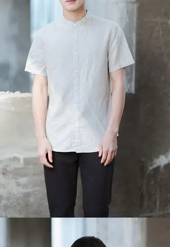 曼妮(zmany)男士衬衫 mtiny夏季立领亚麻衬衫男短袖圆领修身棉麻衬衣