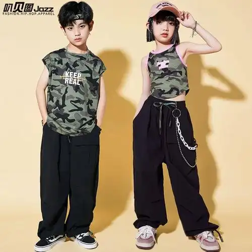 六一儿童街舞潮服套装女童爵士舞服表演服迷彩男童嘻哈潮牌演出服
