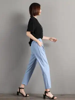 夏季薄款天丝牛仔裤女超薄松紧腰九分冰丝哈伦裤宽松八分女裤子夏