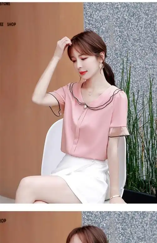 eqtconv潮牌原创女装短袖雪纺衬衫2022年夏季新款时尚休闲百搭洋气