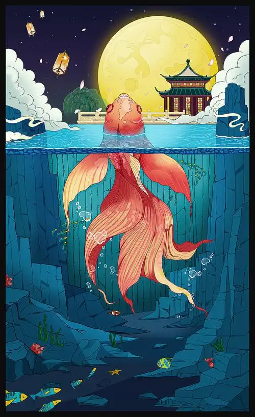 插画锦鲤鱼跃龙门手绘练习