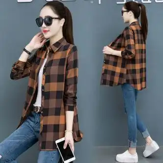 中长款格子衬衫女复古女装长袖时尚韩版外搭上衣秋天衣服610咖啡格s