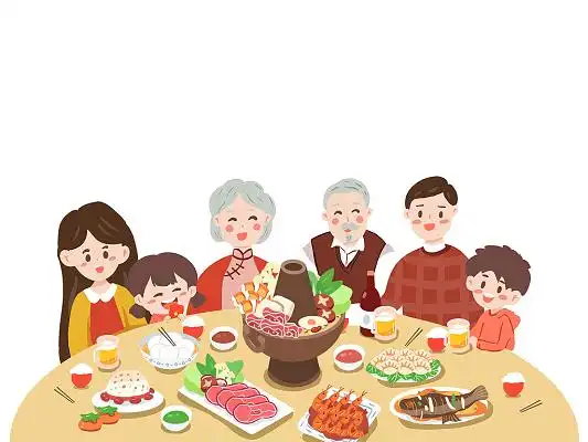 彩色手绘卡通一家人吃年夜饭聚餐团圆饭除夕过年元素png素材