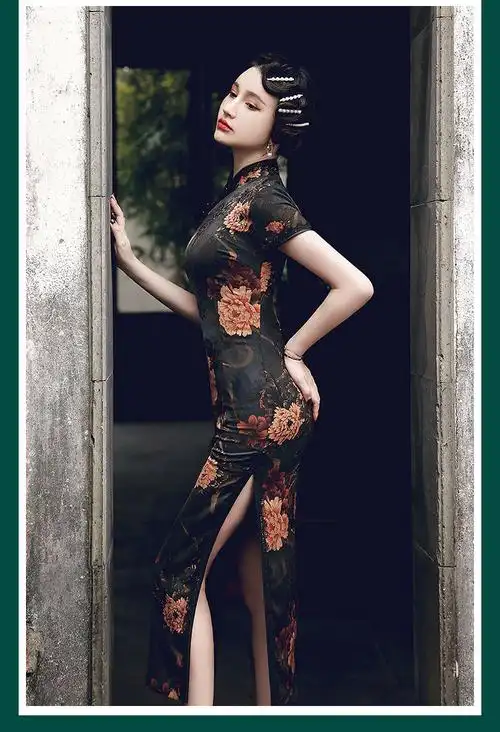 瑞品韩女军阀太太旗袍轻款复古民国风老上海黑色长款高端性感女 红色