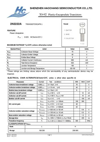 直插三极管2n2222a to-92产品详细技术参数如下规格书所示