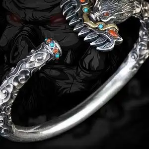 手工手镯s925银猪八戒九齿钉耙银镯子复古个性霸气开口手环