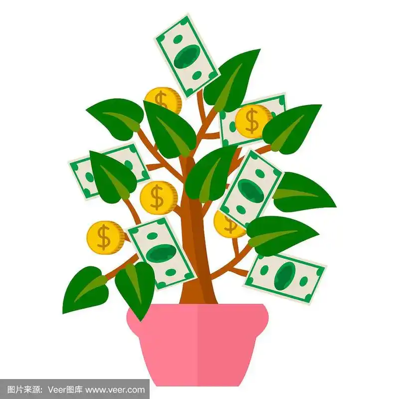 可爱的卡通钱树在平面风格孤立的白色背景.在花盆里种植.金融概念.