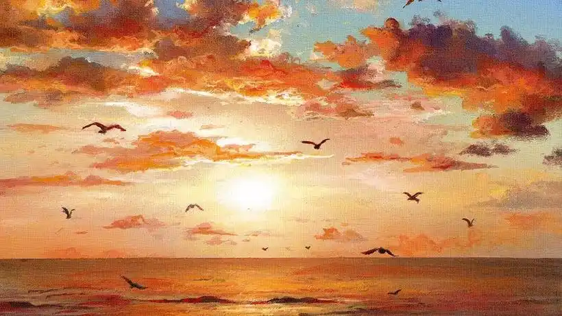 一幅风景画晚霞 丙烯颜料绘画 展示夕阳下的大海美景