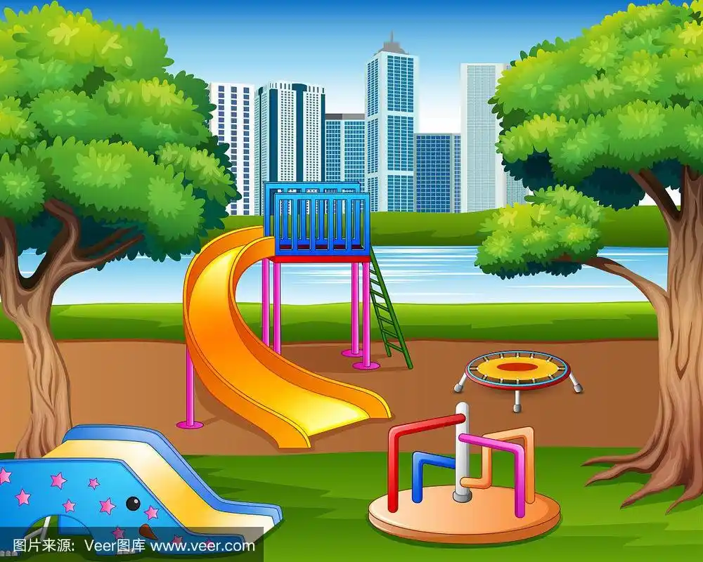 卡通城市公园儿童游乐场以自然为背景