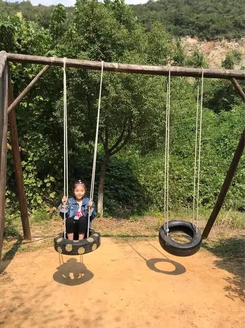 这儿有两个轮胎做的秋千,坐上去"飞"起来了