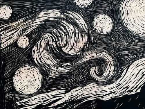 手工雕刻黑白木刻版画星空神奈川冲浪里