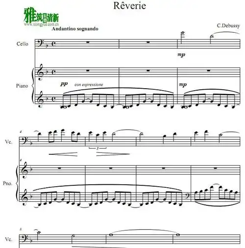 德彪西梦幻曲大提琴钢琴谱