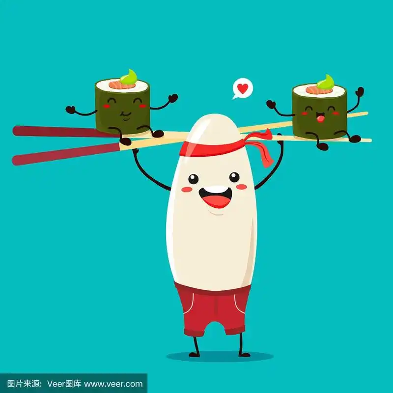 欢快的米饭夹着筷子,上面放着面包卷.矢量插图卡通卡哇伊风格.平