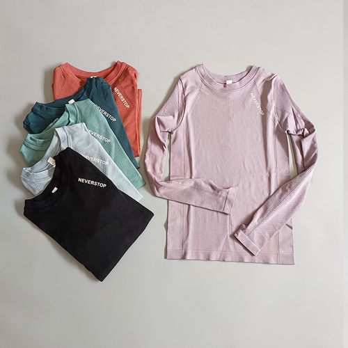 字母运动瑜伽服女圆领长袖休闲百搭上衣高弹速干跑步紧身健身衣