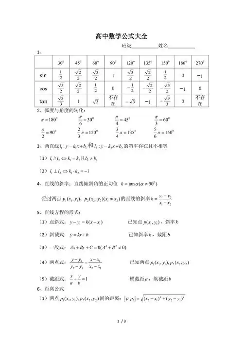 高中数学公式大全自编word版
