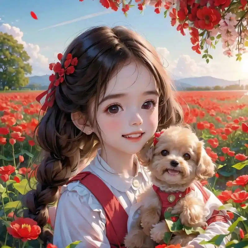 双麻花辫可爱女孩抱香槟色泰迪可爱头像