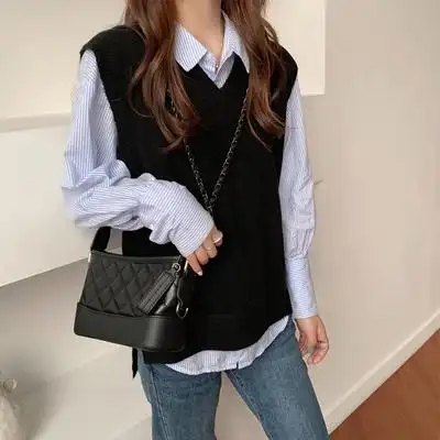 针织马甲女春秋季韩版复古气质休闲宽松显瘦黑色v领无袖毛衣背心