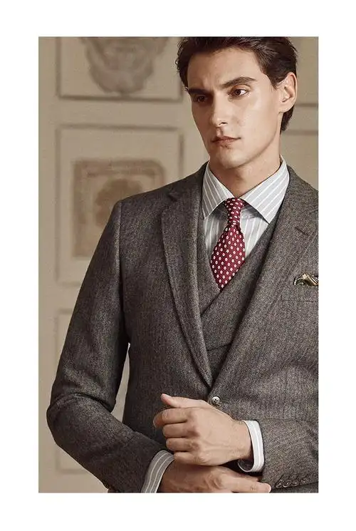 歌珀莱品牌男装西装男套装棕色羊毛复古英伦风礼服新郎结婚礼服英式