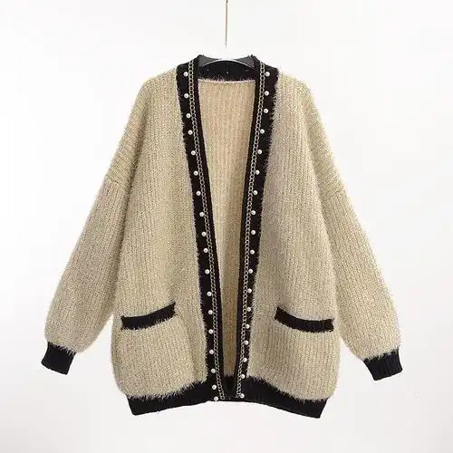 气质慵懒风v领针织开衫外套女2022春装新款重工钉珠毛衣中长款