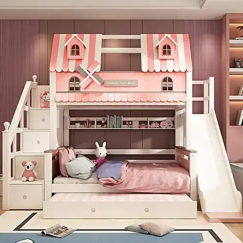 女孩房公主床树屋实木上下床双层床上下铺儿童床高低子母床滑梯床