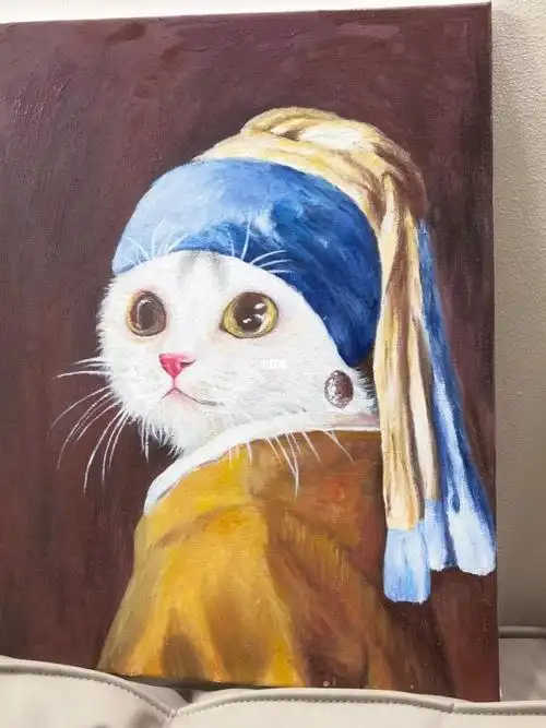 宠物丙烯画定制带珍珠耳环的少猫