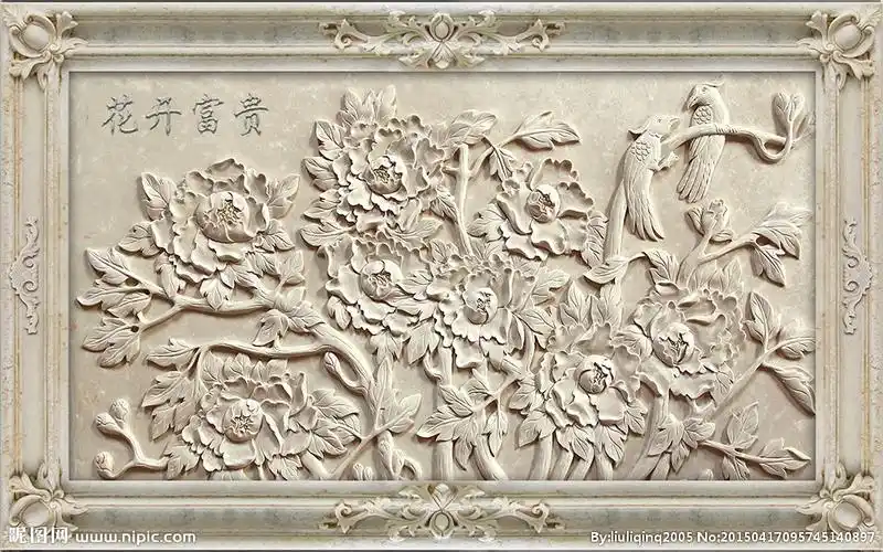 花开富贵浮雕背景墙设计图__psd分层素材_psd分层素材_设计图库_昵图