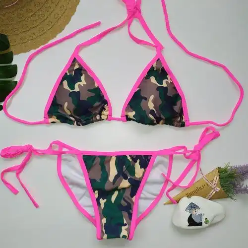 外贸粉色荷叶边分体现货比基尼沙滩性感三角泳衣女出口欧美泳装